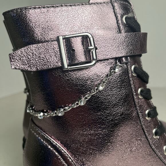 Pop Combat Boots Metallic Purple Lug Sole Heeled Lace Up Chain Punk Size 7 $90 - Picture 11 of 14